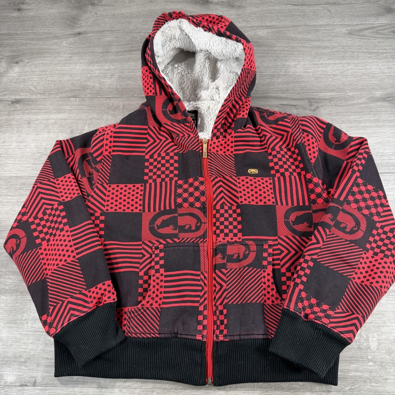 Ecko Red Jacket Womens Xl Red Black Sherpa Lined Hoodie Fleece Y2k Zip Aop